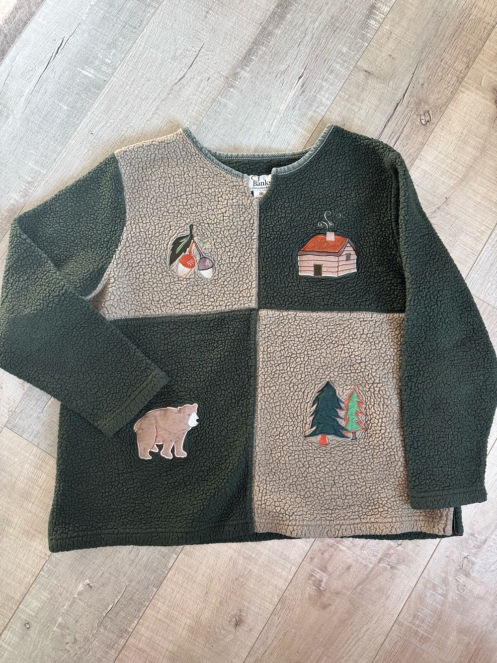 CJ Banks Green and Cream Patchwork Sherpa Crewneck with Cabin & Bear Appliqués